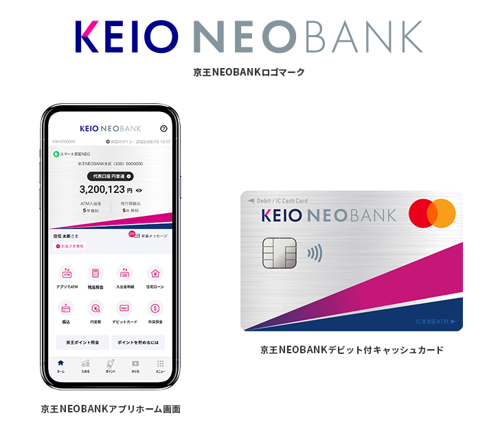 京王NEOBANKロゴマーク 京王NEOBANKアプリホーム画面 京王NEOBANKデビット付キャッシュカード