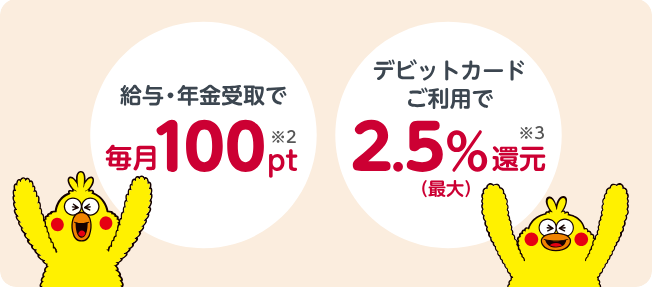 給与・年金受取で毎月100pt、デビットカードご利用で最大2.5％還元